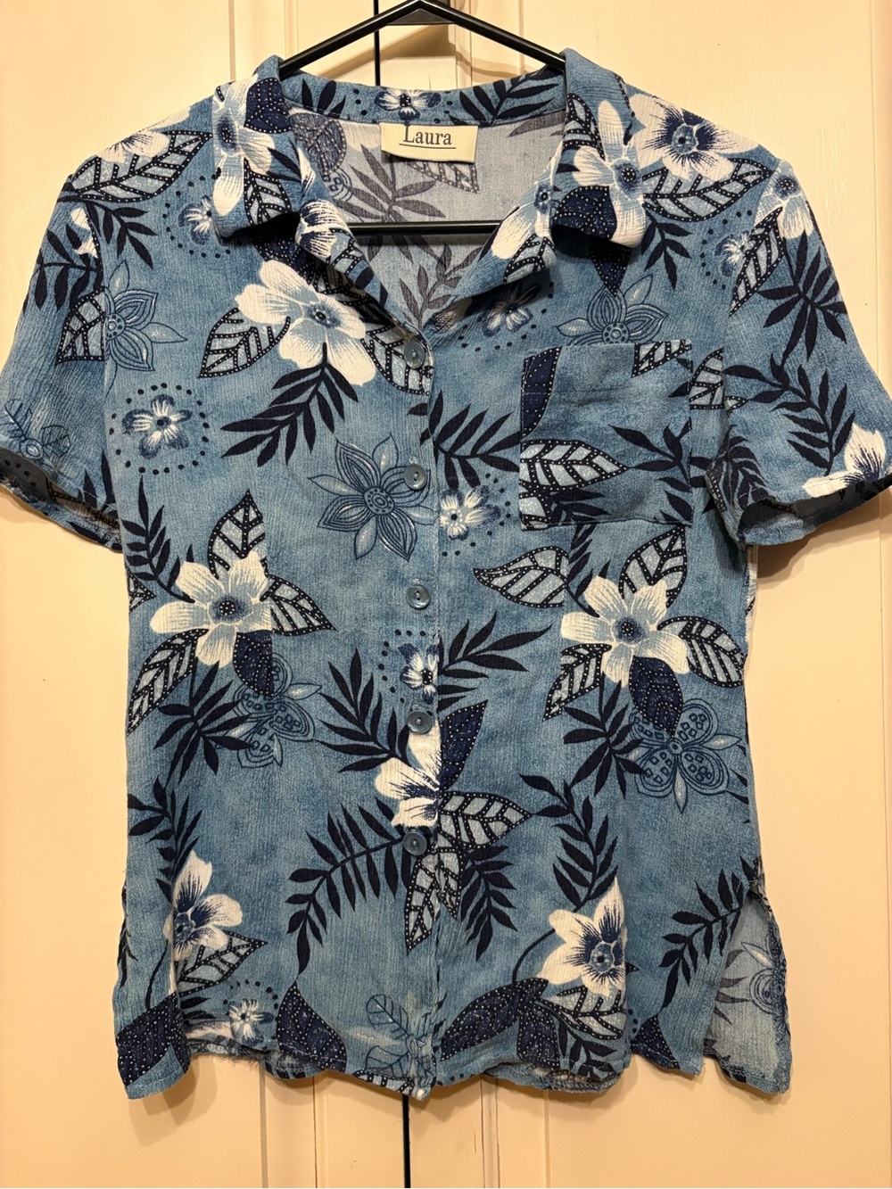 Vintage~ Laura Floral Button-down  Shirt in Denim Blue